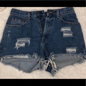 LL Beans blue high waisted “mom jean” shorts